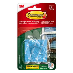 Command Outdoor Medium Clear Wall Hooks, 5 Hooks and 6 Command Strips, Damage Free Hanging Wall Hooks for Hanging Outdoor Wall Decor with Weather Resistant Strips, Holds up to 2 lb (Transparent)
