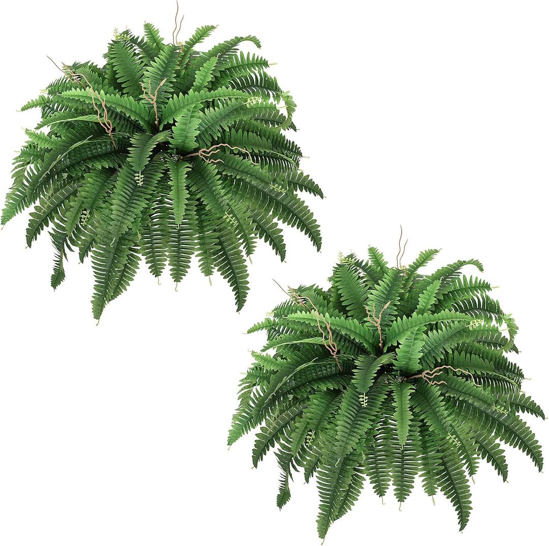 42 Artificial Boston Fern Bush Plant, 2 Faux Ferns for Outdoors Large, Fake Ferns Realistic Artificial Plants with 65 Fronds for Garden Porch Patio Home Office Living Room Decor Green