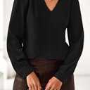 Dowerme Womens Tops 2026 Spring V Neck T-Shirts Long Sleeve Shirts Lace Crochet Work Blouses Dressy Casual Loose Tunics (Black, S)