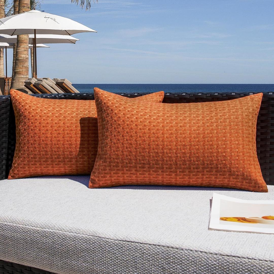 Kevin Textile Fall Outdoor Waterproof Throw Pillow Covers Pack of 2 Boho Farmhouse Decorative Lumbar Cushion Covers for Garden Patio Tent Balcony Bench Couch Sofa 12x24 Inch, Burnt Orange