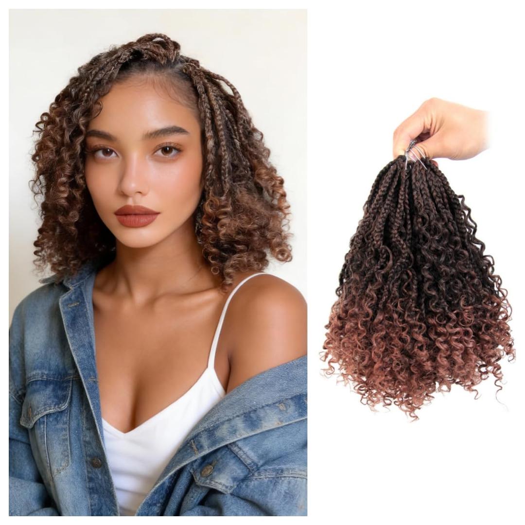 9 Pack 8 Inch Goddess Box Braids Crochet Hair for Black Women T30 | Boho Crochet Braids with Curly Ends, Pre Looped Short Hair Extensions Bohemian Synthetic Braiding, Ombre Medium Dark Brown