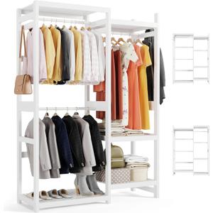 Bamjoy Bamboo 77H Clothes Organizers, Large Freestanding Closet System Clothes Racks for Hanging Clothes with 5 Storage Shelves 3 Rods 2 Hooks, Open Wordrobe Closet White