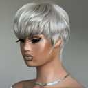 Grey Pixie Cut Hair Wig with Bangs for Daily Wear Gray Short Human Hair Pixie Cut Glueless Layered Wig Wavy Grey Wigs for Party Cosplay Daily Use Glueless Full Machine Made Wigs