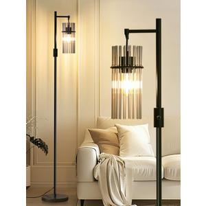 Industrial Floor Lamps for Living Room, Dimmable Floor Lamp Modern Standing Lamps with Glass Lampshade, Rotary Switch, LED Bulbs, Tall Lamps for Bedroom, Office (1 Lampshade(66inch))