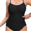 CUPSHE Women's Plus Size One Piece Swimsuit Curvy Shell Stitched Bathing Suit Tummy Control Ruched Scoop Neck Swimwear (X-Large Plus, Black)