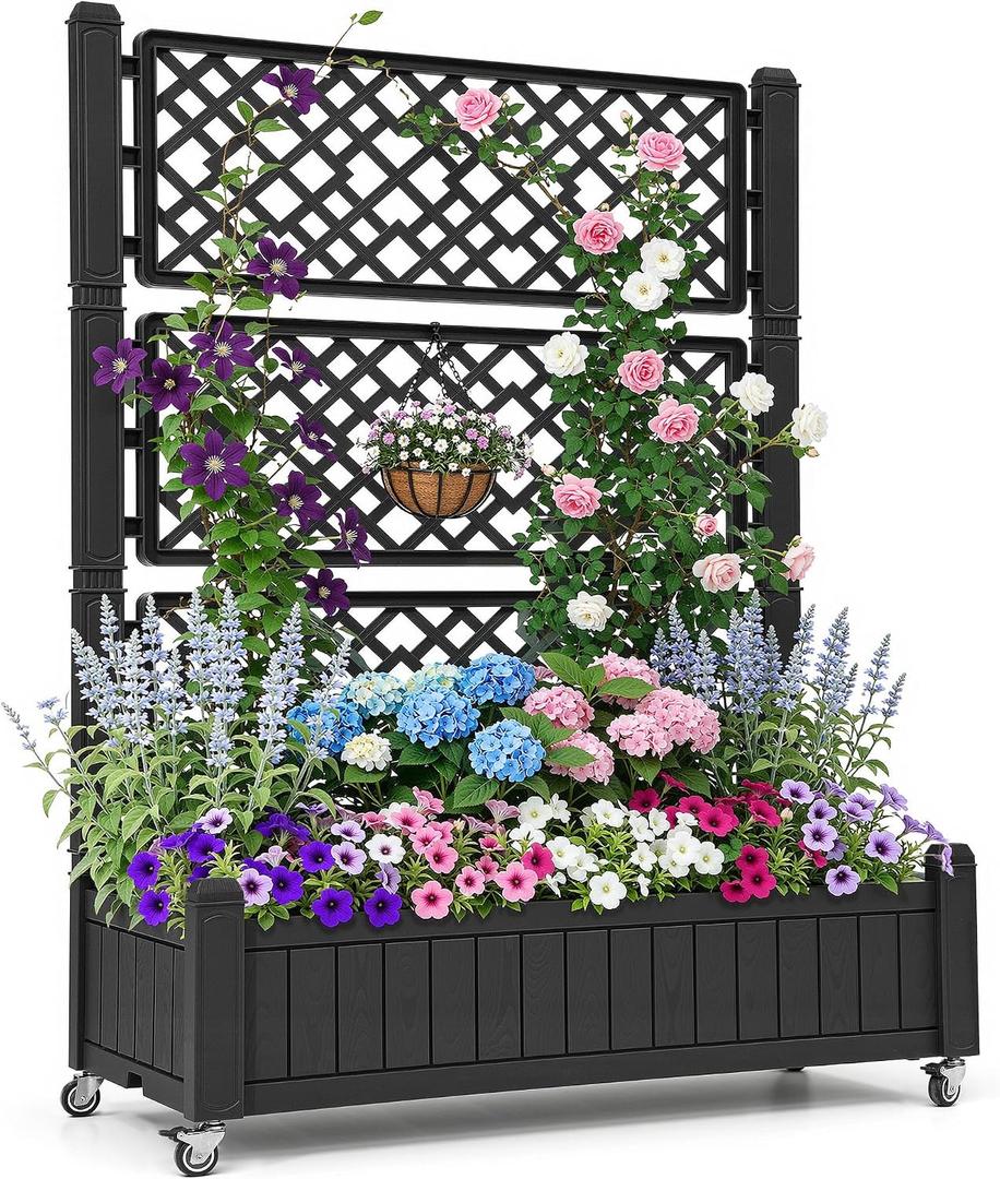 YITAHOME 42.5x14.2x61 in Planter Box with Trellis/Outdoor Privacy Screen, All-Weather Raised Garden Bed with Wheels & Drain Plug for Climbing Plants Flowers Herbs, Black