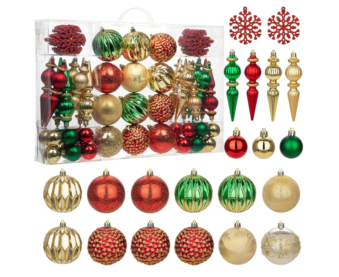 92ct Christmas Tree Decoration Set - Shatterproof Christmas Baubles with Strings for Wreath, Garland & Party Decoration, Red-Green
