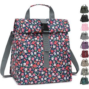 Insulated Lunch Bag for Men/Women/Kids, Roll top Reusable Lunch Box with Adjustable Shoulder Strap, Thermal Lunch Cooler Tote Container for Adults/Teens School Work Office Picnic,Floral