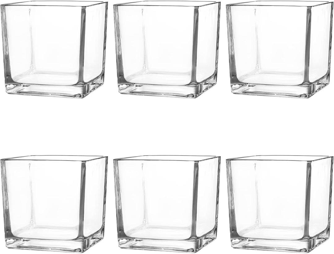 Set of 6 Square Glass Vases 4" x 4" x 4", Clear Flower Vase, Plant Terrarium, Candle Holder for Wedding Centerpiece, Office Decorations, Home Dcor, Parties and Events