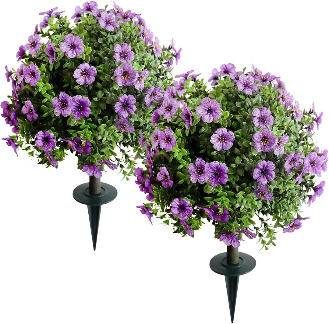 Artificial Green Plants, Artificial Purple Spherical Flowers, 23.6 inches, UV-Resistant, with Ground Anchors, Suitable for Indoor and Outdoor Garden and Home Decoration, 2 Pieces per Pack