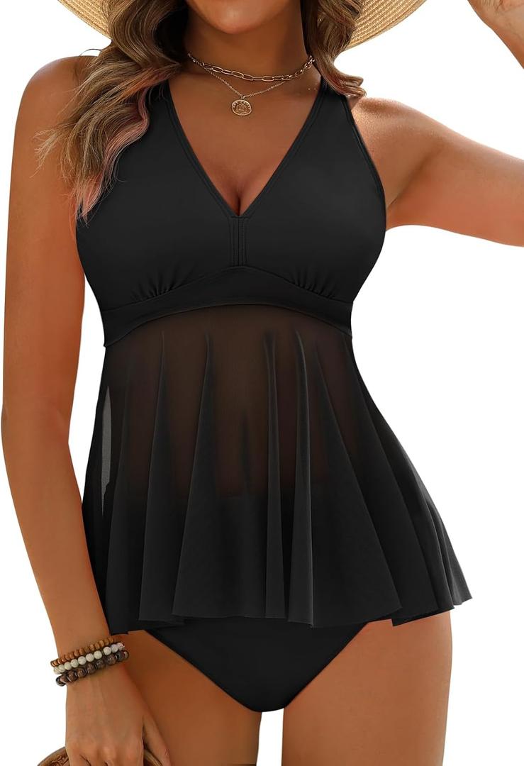 Women's Tankini Sets Tummy Control Flowy Mesh Top Full Coverage High Waisted Bottom V Neck Two Piece Swimsuits (Black, XL)