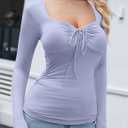 Amoretu Women's Stretchy Ruched Slim Fit Shirt Long Sleeve Going Out Fitted Tops (Blue, M)