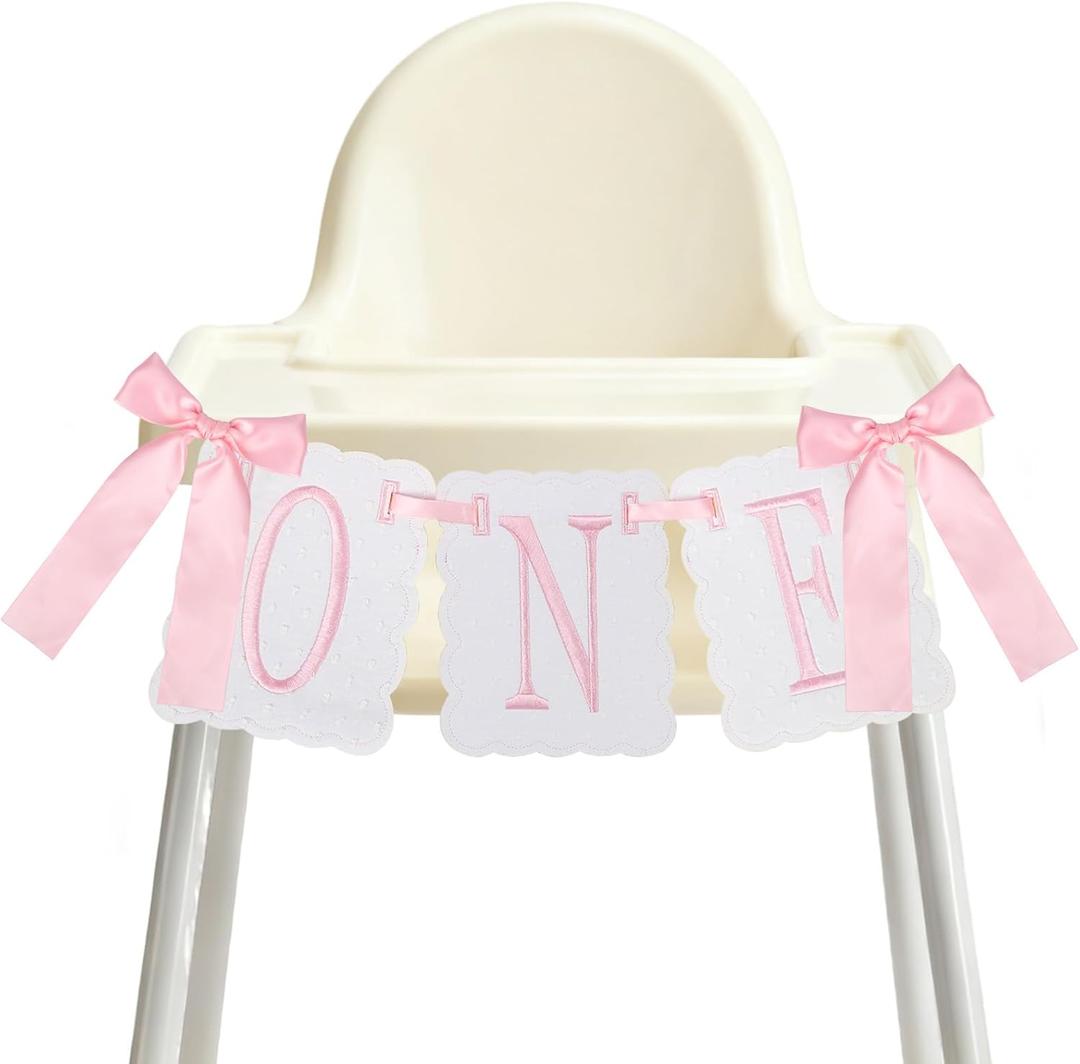 One High Chair Banner Girl, First Birthday Decoration for Sweet Baby Girl, 1st Pink Bow Birthday Banner Embroidery Felt Decorations for Bow Themed Party Photo Props