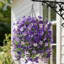 Artificial Hanging Baskets Outdoor, 4 Bundles Artificial Hanging Flowers Outdoors Spring Summer Decoration, No Fade Realistic Fake Hanging Baskets for Porch Patio Balcony Home Yard Decor (Purple Gradient Purple)