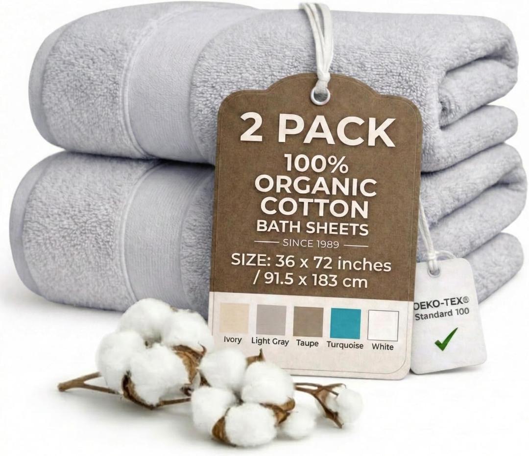 Oversized Bath Towels - 36 x 72 Extra Large Organic Cotton Bath Sheets for Adults | Jumbo Hotel-Size, Ultra Absorbent & Soft | 2 Pack