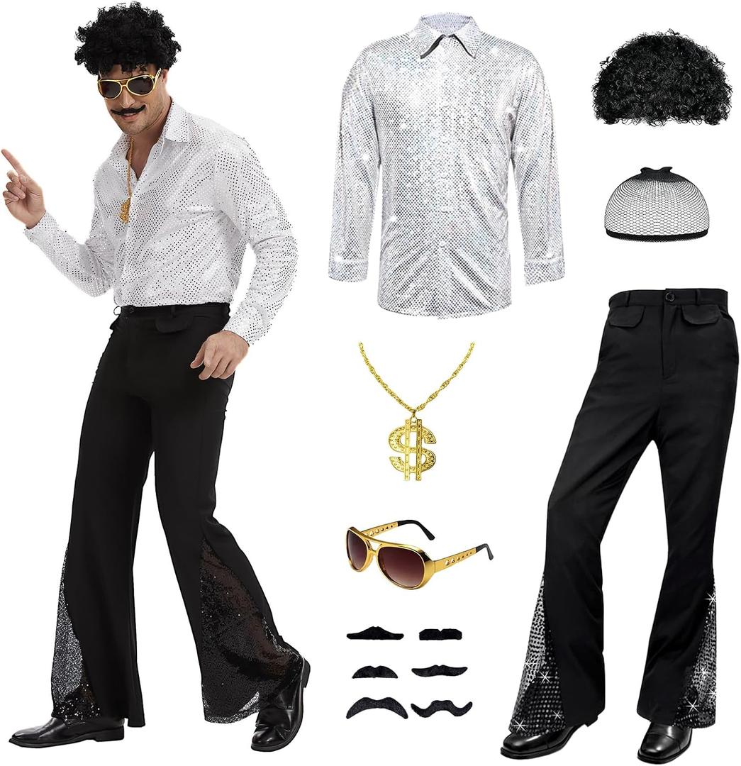 6 Pcs 70s Disco Outfit Costume for Men Dance Bell Bottom Pants Retro Shirts Moustache Sunglasses Wigs Necklace (Small, Silver)