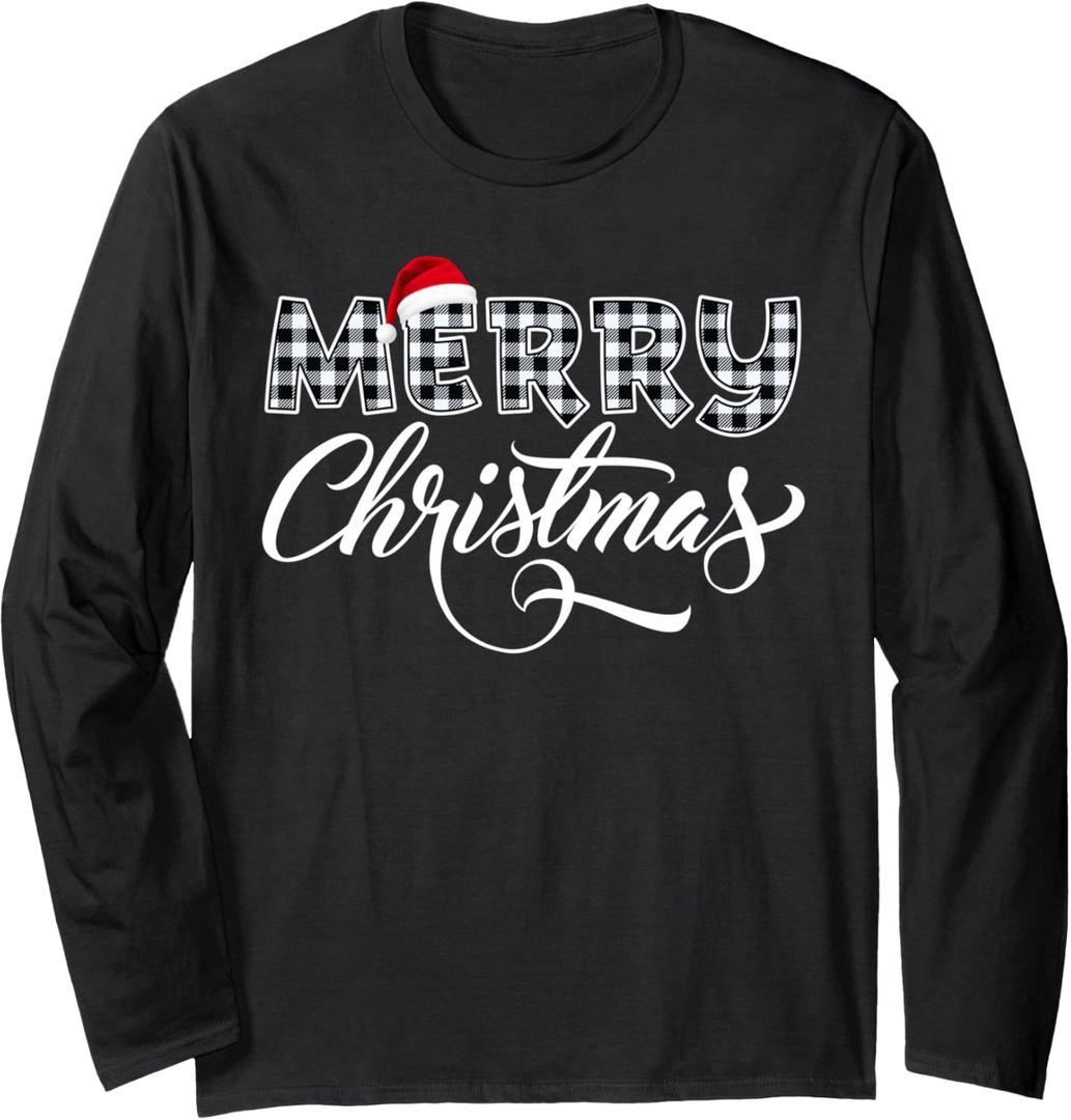 Merry Christmas Buffalo Black and White Plaid for Men Women Long Sleeve T-Shirt, S