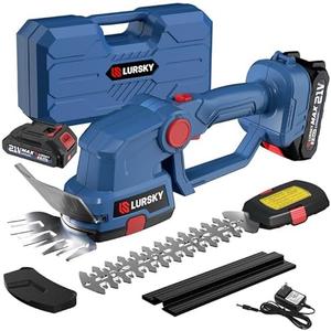 LURSKY Cordless Hedge Trimmer with Battery 2.0Ah - 2-in-1 21V Grass Shears Handheldwith 2 PCS Rechargeable Battery, Electric Shrub Trimmer Kit for Garden, Yard and Lawn, Charger Included