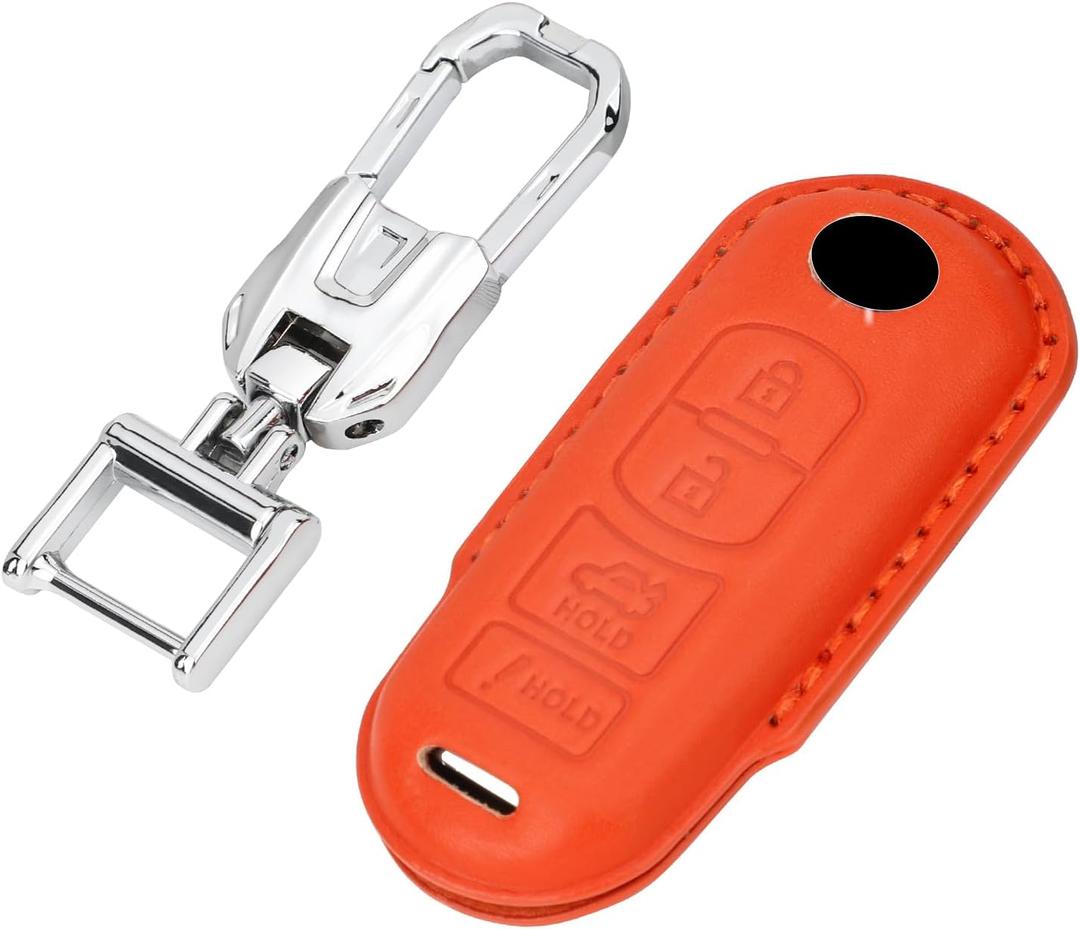 PIFOOG Key Fob Cover Fit for Mazda Leather 4 Buttons Car Keys Case Shell Protector with Metal Keychain Accessories Fits for Mazda 3 6 CX5 CX9 CX3 MX5 Smart Keys Girly Women Orange 1PC
