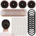 Brown Hair Bun Maker Kit - 4-in-1 Donut Sponge Hair Styling Set for Perfect Buns, Professional Hairs Net & U-Pins for Ballet, Dance