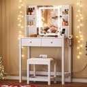 Vanity Desk with Mirror and LED Lights, Small Makeup Vanity Table Set with Drawers and Chair, Dressing Table with Power Outlet for Girls Bedroom, White