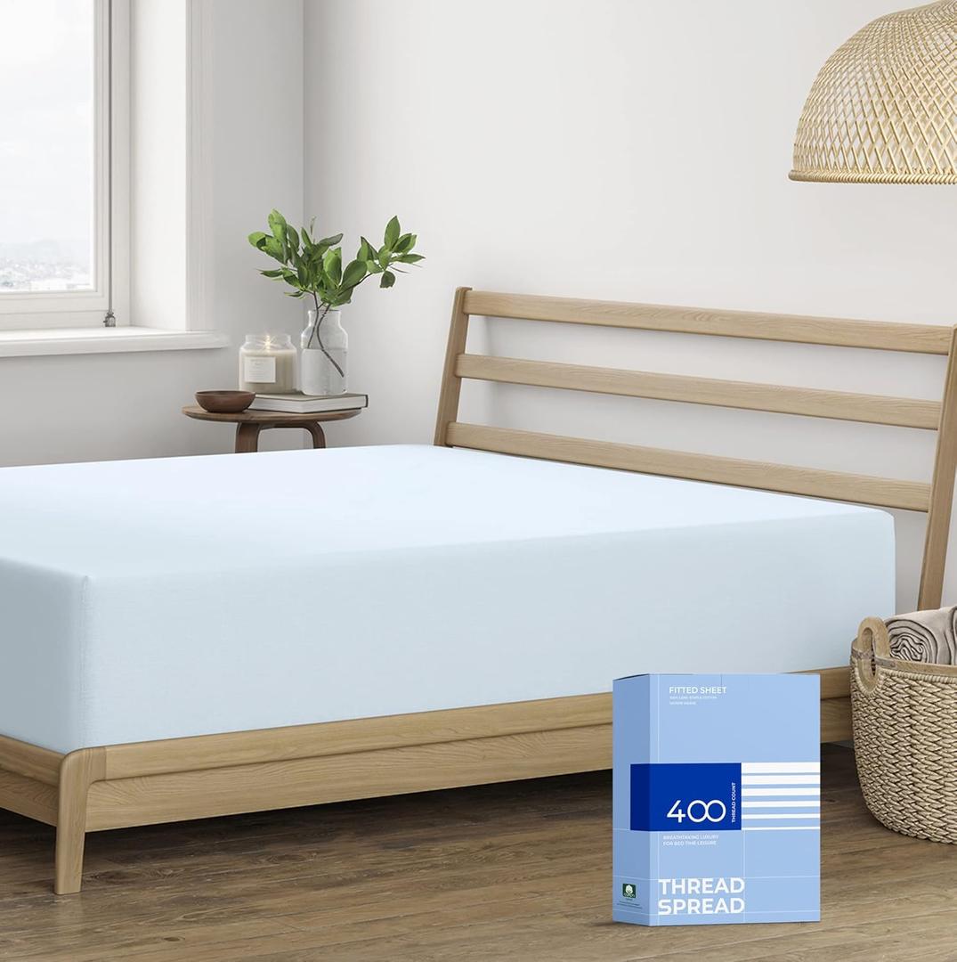 THREAD SPREAD 400 Thread Count Fitted Sheet Queen Cotton - 100% Cotton Queen Fitted Sheet Only, Luxuriously Soft, Durable, Cooling 16" Deep Pocket Sateen Weave Bottom, Hotel Quality - Light Blue