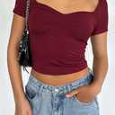 ForeFair Women's Sexy Short Sleeve Going Out Tops Pleated Bustier Shirt Cute Sweetheart Neck Y2K Crop Tee（Burgundy,XS）