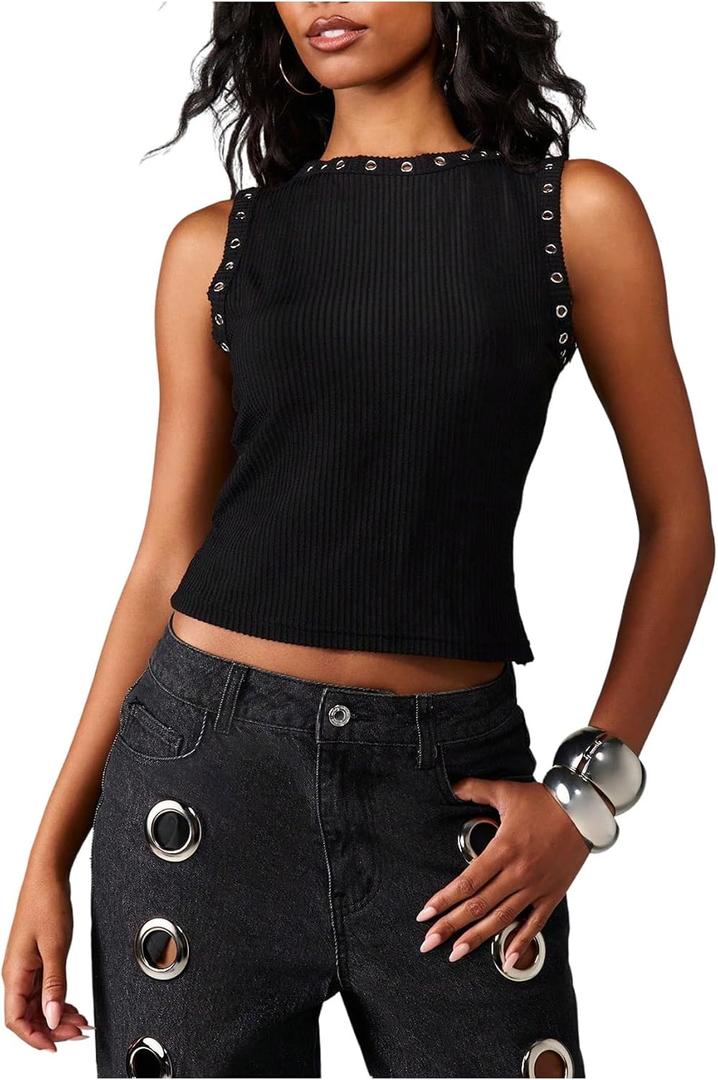 RoseSeek Women's Y2k Grommet Ribbed Knit Tank Top Mock Neck Sleeveless Summer Crop Tops S