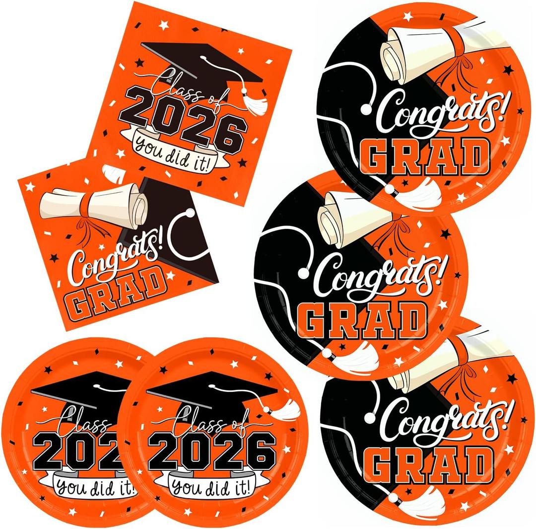 Gatherfun Graduation decorations 2026 Orange Graduation Party Plates and Napkins Disposable Paper Plates Luncheon Napkins for Congrats Grad Party Decorations, Serve 50