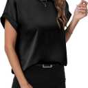 ANRABESS Women's Summer Dressy Casual Short Sleeve Shirts Crewneck Silk Satin Business Office Work Blouse Tops (Large, Black)