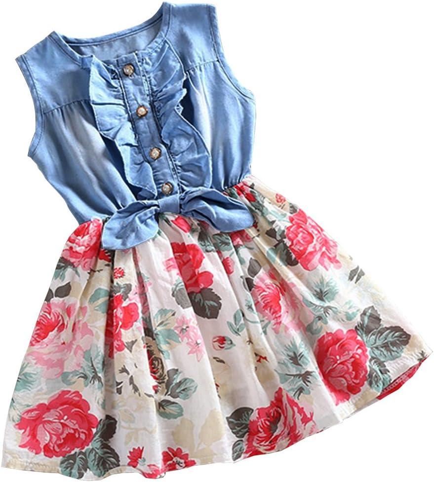Csbks Girls Summer Sleeveless Floral Denim Dress Toddler Bow Casual Sundress (White, 160)
