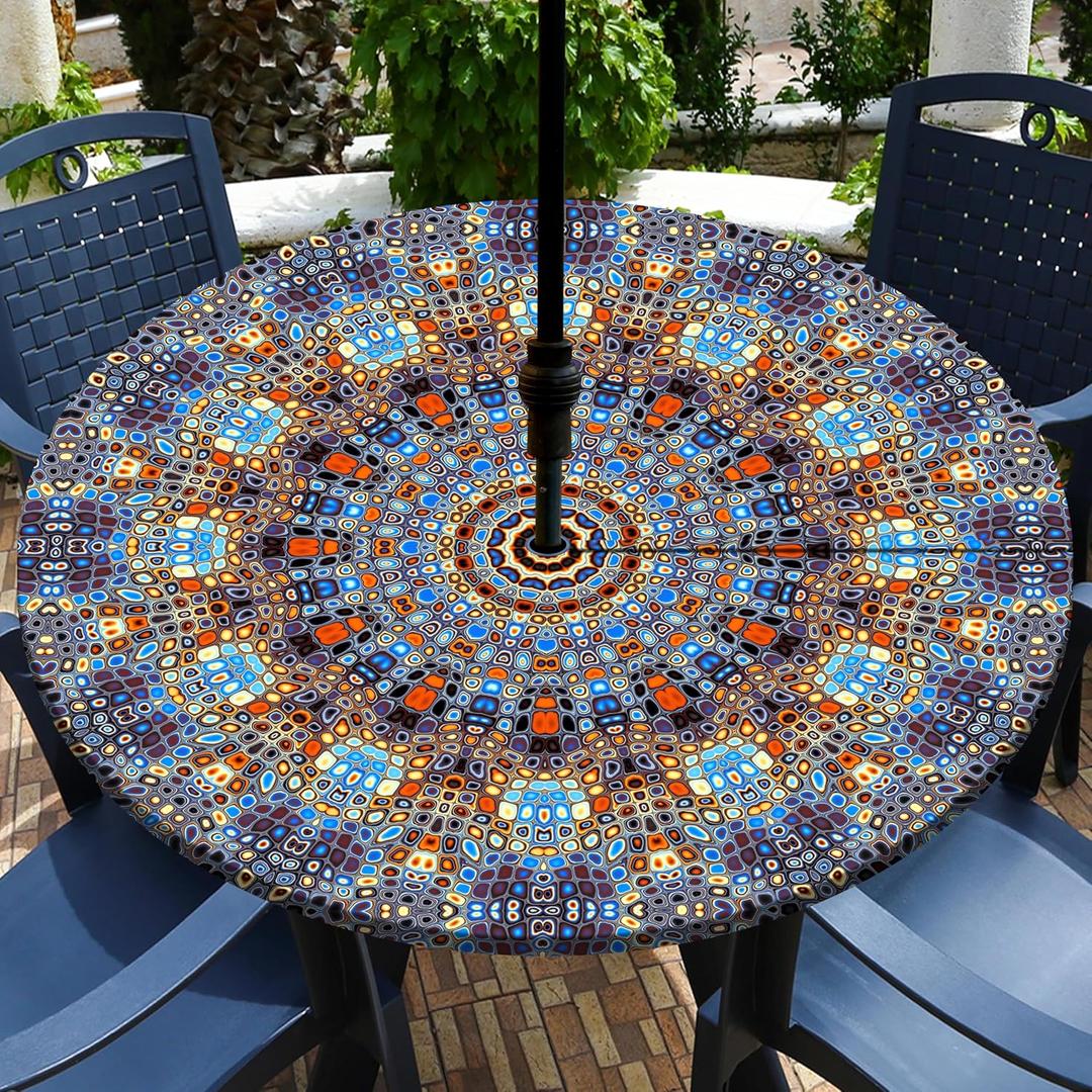 Buwuta Outdoor Tablecloth with Umbrella Hole Waterproof Round Fitted Tablecloth with Elastic Zippered Wipeable Table Cloth Round Cover for Picnic, Patio,Garden Fits to 40"-44" Patio Tables