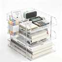 Clear Acrylic Desk Organizer, Multi-Tier Letter Tray with Pen Holder, Office Storage for Documents and Supplies