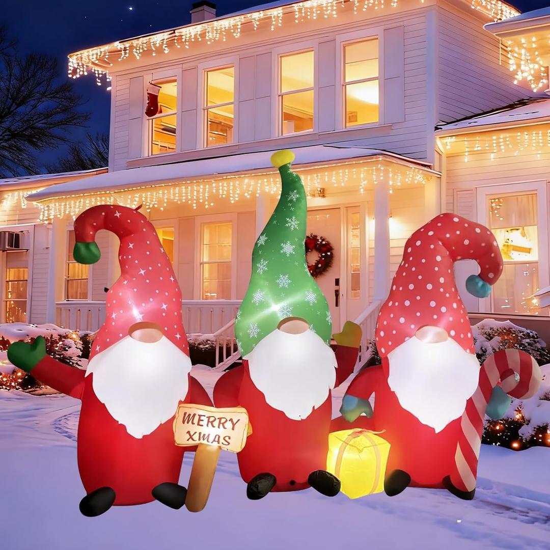 7.5FT Christmas Inflatables Gnomes Sets,Outdoor Inflatable Christmas Gnomes with Candy Cane, Merry Xmas Sign and Gift Box Blow Up Yard Decor with LED Lights for Thanksgiving Garden