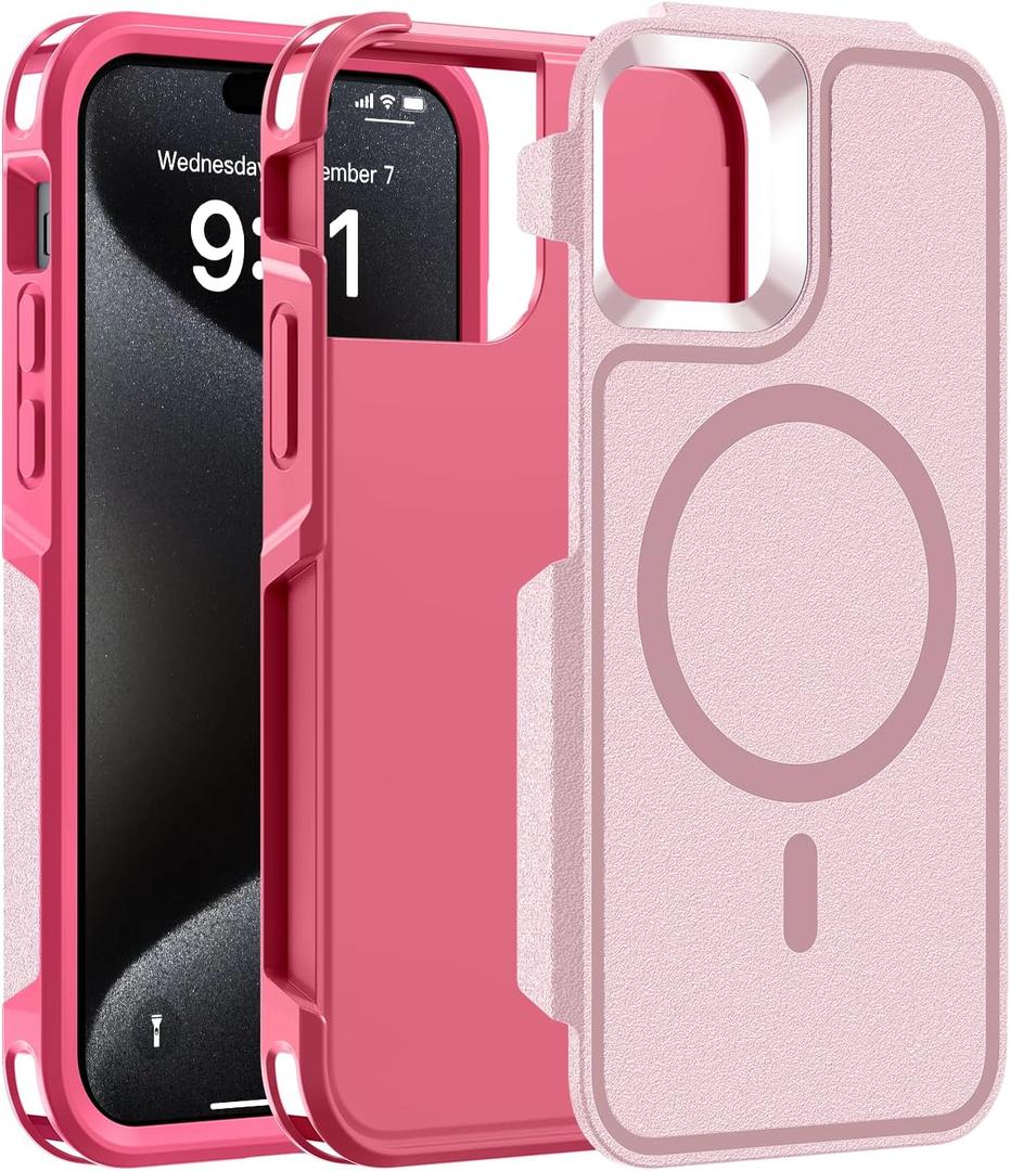 Magnetic Case for iPhone 15 Pro Max 6.7'',[Compatible with Magsafe][Heavy Duty Shockproof] [Military Grade Drop Protection][Non-Slip] Rugged Durable 4-Layer Hard Bumper Phone Cover-Pink