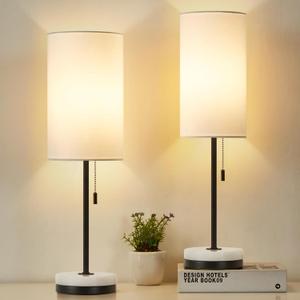Luvkczc Minimalist Table Lamp Set of 2, Nightstand Lamp for Bedroom Living Room, Modern Pull Chain Bedside Lamp with Marble Base, Fabric Shade, Small Desk Lamp for Home, Office, Reading (Black, White)