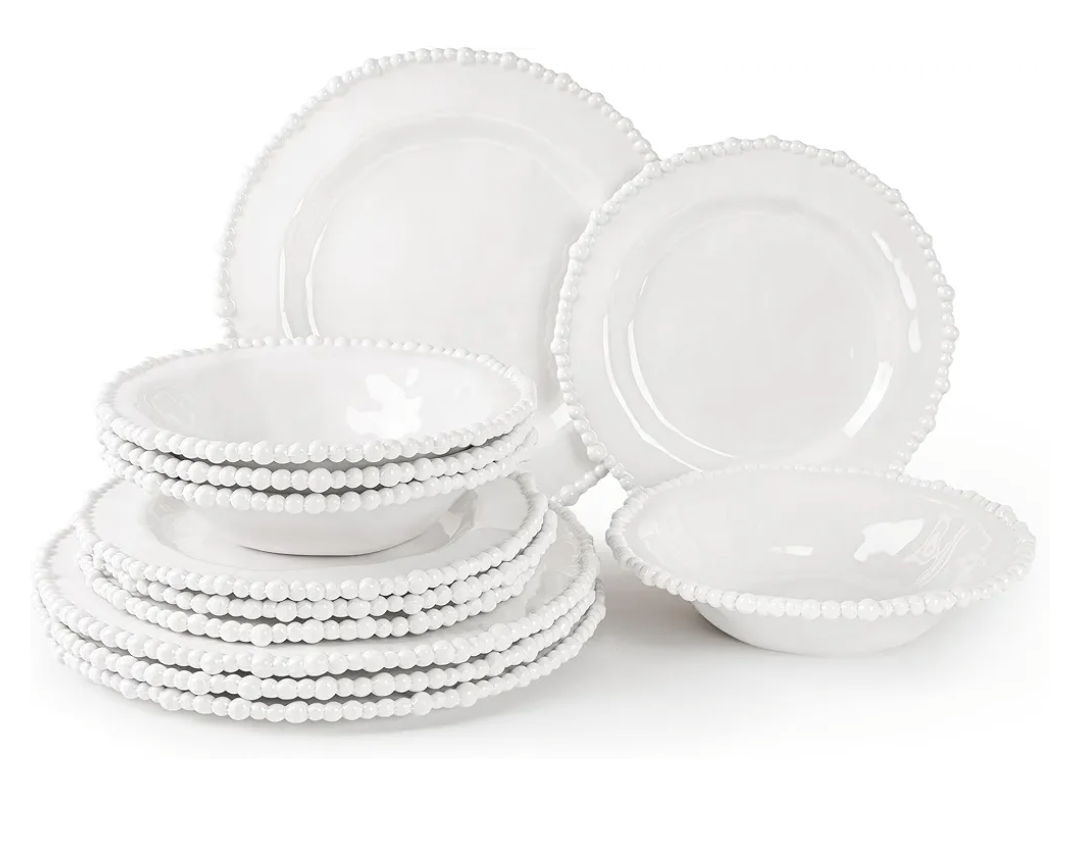 AELS Beaded Melamine Dinnerware Set of 12 Pcs Dinner Dishes Set for Indoor and Outdoor Use, Dishwasher Safe, Lightweight Unbreakable, BPA Free, Glossy White