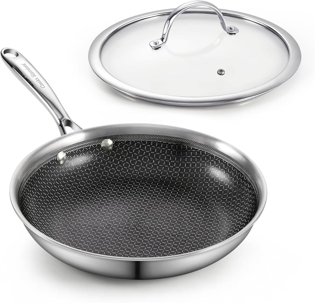 Cooks Standard Hybrid Nonstick Frying Pan, 8-Inch Skillet, Multi-Ply Clad Stainless Steel Fry Pan with Tempered Glass Lids, Oven Safe, Compatible with All Stovetops