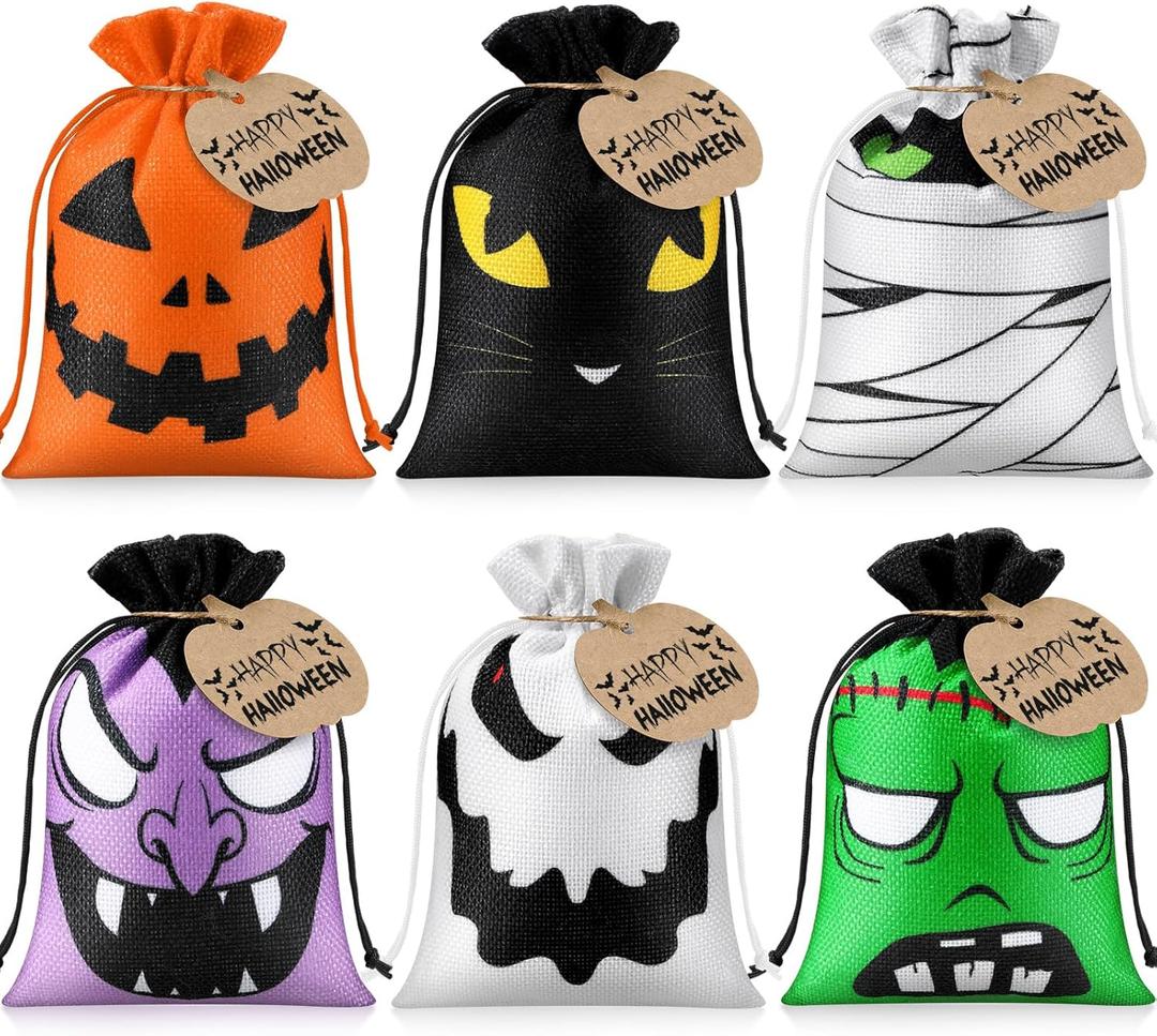 Yerliker 24 Pcs Halloween Burlap Treat Bags with Pumpkin Cards and Drawstring 7 x 5 Inch Halloween Linen Jute Bag Trick or Treat Burlap Candy Pouches for Party Favor (Quirky Style)