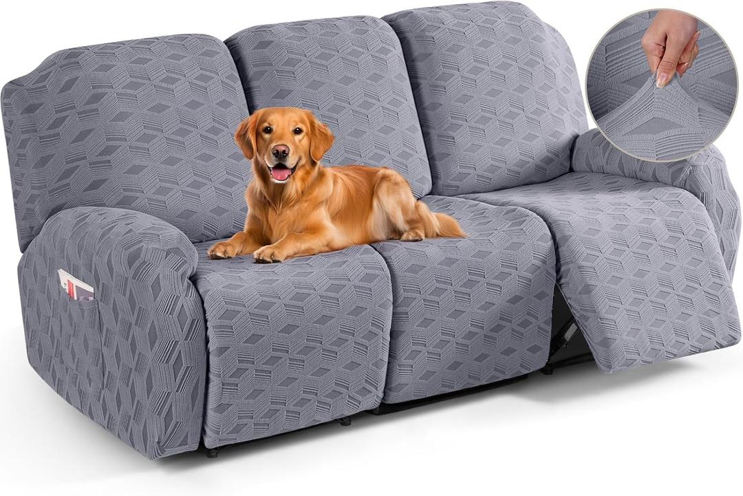 TAOCOCO Recliner Sofa Covers Stretch Reclining Couch Cover, Jacquard Recliner Couch Cover for 3 Seat Furniture Protector Sofa Slipcovers with Elastic Bottom for Kids, Pets (Light Grey)