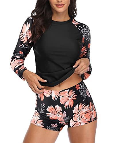 Daci Women Black Pink Flower Two Piece Rash Guard Long Sleeve Swimsuits UV UPF 50+ Swim Shirt Bathing Suit with Boyshort Bottom S