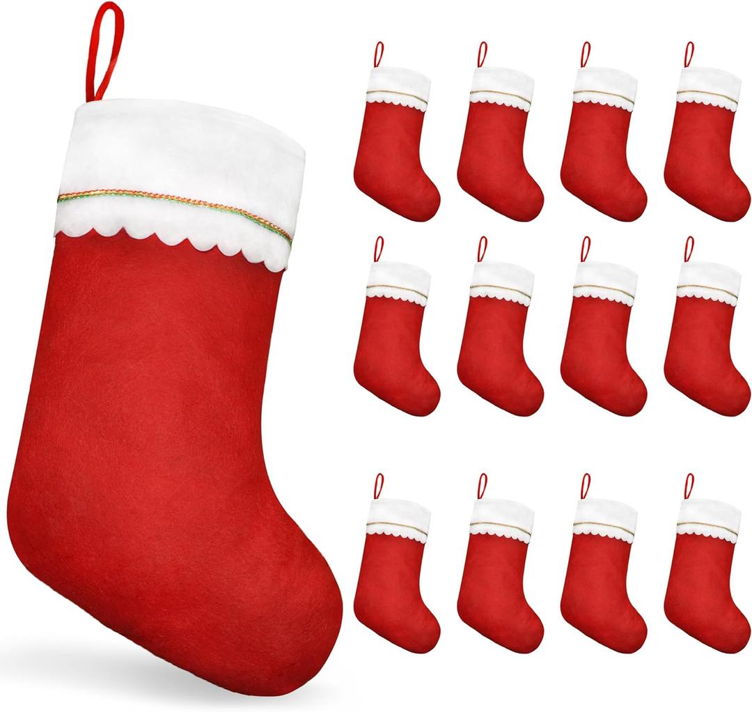 MNKXL 12PCS Christmas Stockings Bulk, Large 19 Inch Traditional Red & White Felt Stockings with White Cuff and Gold Trim, Christmas Stockings Bulk for Fireplace Mantel & Holiday Decorations