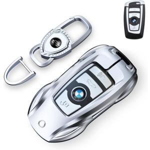 Key Fob Cover with Keychain for BMW, Metal Shell Case, Compatible with X1 X3 X4 X5 X6 1 2 4 5 6 7 Series (Fashion Silverfor BMW-A)