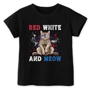 4th of July Toddler Baby Boys Girls T-Shirt Kids Red White and Meow Cat Independence Day Top(2-3T, Black Meow Cat)