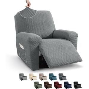 MAXIJIN Recliner Cover Slipcovers for Living Room 4 Pieces Stretch Jacquard Recliner Chair Cover Soft Fitted Recliner Protector with Elastic Bottom for Kids, Pets (Recliner, Light Gray)