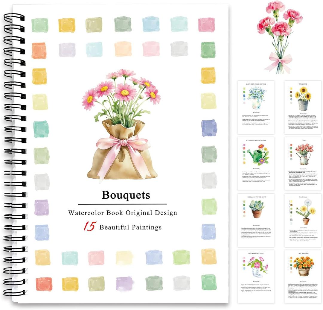 SLWBZ Watercolor Workbook Bouquets, 15 Different Patterns of Original DIY Designs, Beginner-Friendly Watercolor Workbooks, (Bouquets, Without Palette)