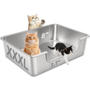 XXXL Low Entry Litter Box for Big Senior Cats & Multiple Cats, 28” x 20” x 8” Extra Large Metal Litter Box, High Sided Stainless Steel Litter Pan with Odor Control, Easy to Clean