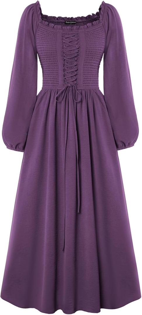 Scarlet Darkness Renaissance Dress Women Long Sleeve Cottagecore Smoked Dress with Pockets (Purple, L)