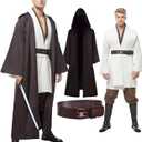 Men's Tunic Cosplay Costume Adults Outfits Halloween Robe Hooded Uniform Full Set (Medium, White)