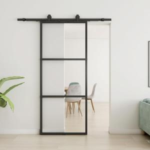 JUBEST 34in x 80in Glass Barn Door, Clear Tempered Glass Carbon Steel Pre Drilled Frame Sliding Barn Door Panel with 5.7FT Hardware Kit and Soft Close, Easy to Install